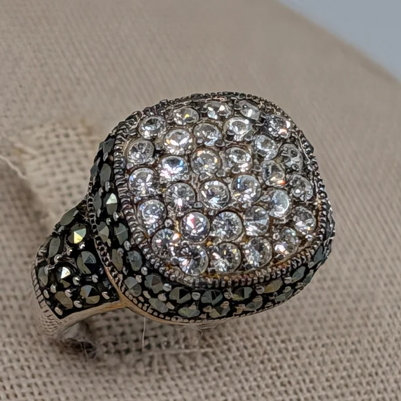 Vintage Sterling Silver 925 CZ Crystal Marcasite Stone Signet Ring Size 5.75 - Picture 8 of 16